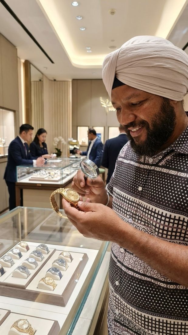 A customer smiles as he inspects a gold watch with a magnifying glass in a watch boutique